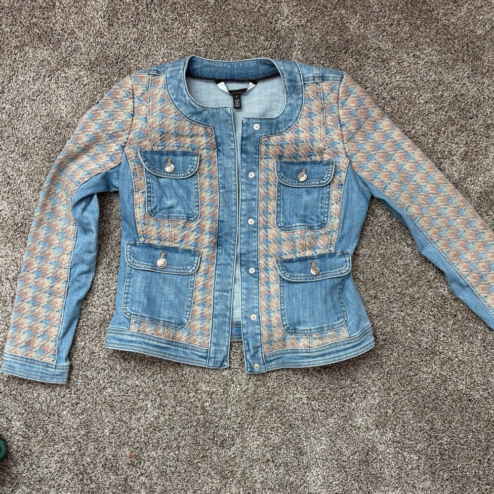 White House Black Market Blue and Orange Jean Jacket
